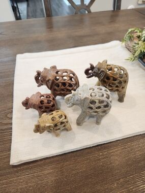Carved Decorative Elephant Figurine Set - Neutral Tones
